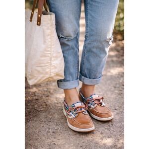 Sperry Women's Boat Shoes Plaid Trim Brown Leather STS84943 Memory Foam Size 7